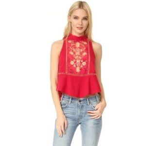 Free People Flora Embroidered High Neck Tank Top Women’s XS Tulip Red Lace Panel